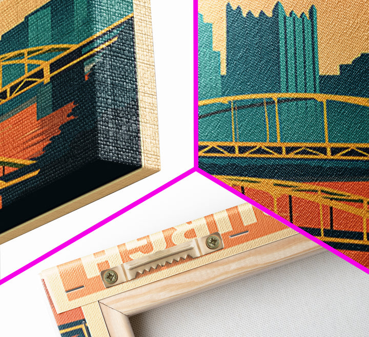 Pittsburgh Travel Poster, Framed Canvas Print, Mid Century City Wall Art, Pittsburgh Poster Print, Home Office Decor, Retro Travel Print