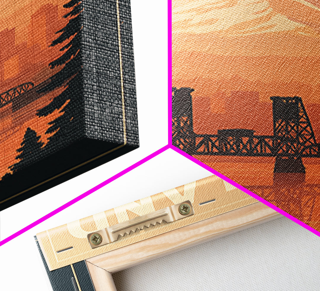 Portland Oregon Travel Poster, Framed Canvas Print, Retro Sunset Skyline Art, Portland Travel Art, City Illustration, Travel Poster Art