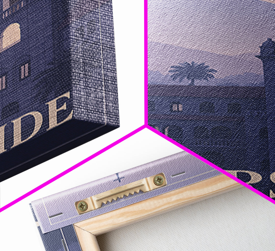 Riverside Travel Poster, Framed Canvas Print, Classic Travel Poster Art, Riverside Wall Art, Eclectic Wall Decor, City Illustration