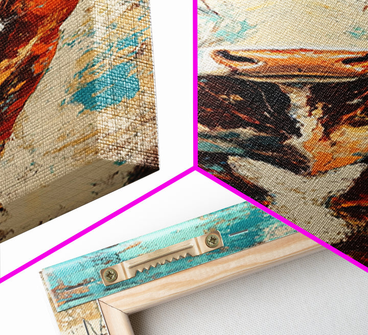 Abstract Western Bull Framed Canvas Print rustic decor farmhouse wall art southwest wall art geometric wall art gift idea for him