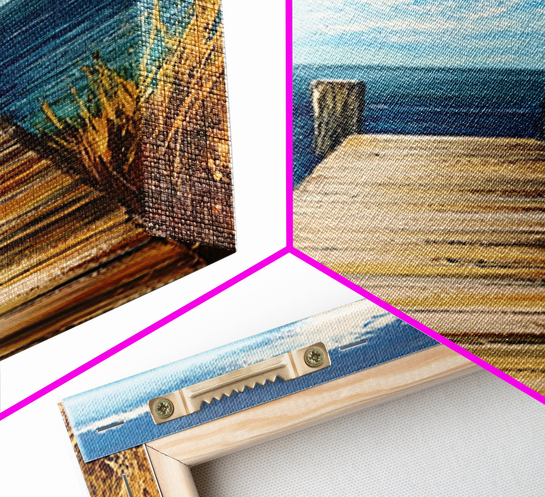 Coastal Dock Painting Framed Canvas Print, Nautical Decor, Coastal Landscape Art, Seascape Painting, Blue and Green Wall Art, Bedroom Art