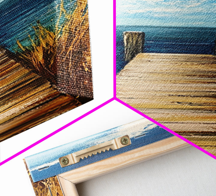 Coastal Dock Painting Framed Canvas Print, Nautical Decor, Coastal Landscape Art, Seascape Painting, Blue and Green Wall Art, Bedroom Art