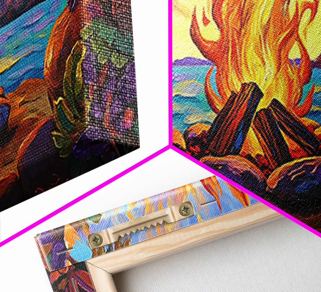 Campfire by Lake, bonfire painting, rustic wall art, mountain painting, framed canvas print, above sofa art, cozy night decor