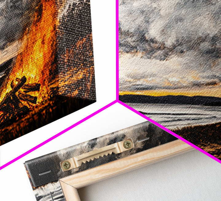 Campfire, forest at dusk painting, smoky mountain art, extra wide art, autumn decor, wabi sabi art, Framed Canvas Print, above couch art