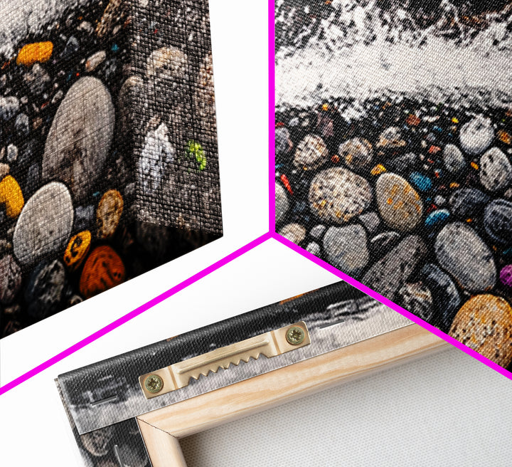 Pebble Beach, coastal landscape art, wabi sabi art, rustic decor, moody art, panoramic painting, seascape painting, Framed Canvas Print, zen art