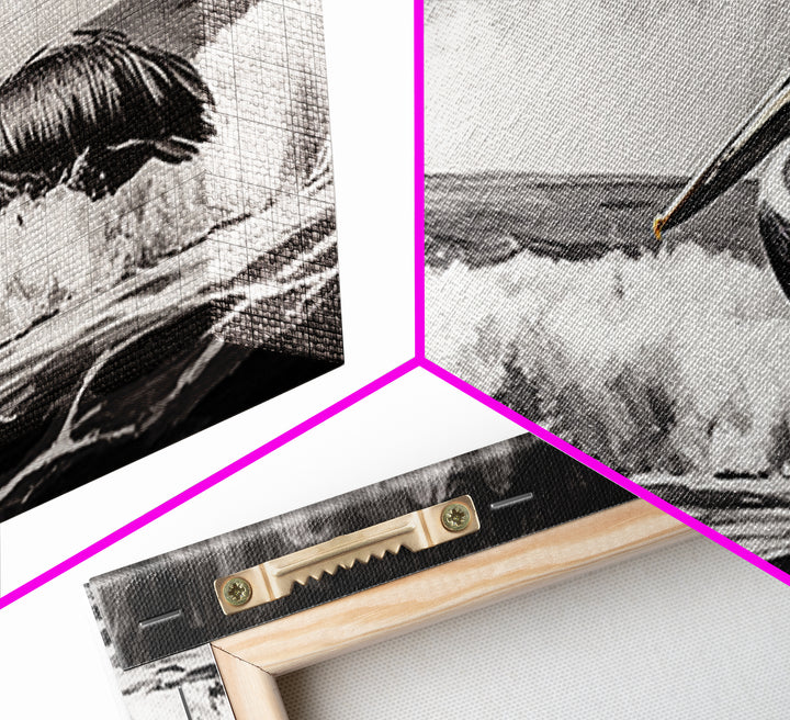 Pelican, coastal wall art, nautical painting, black and white art, seascape painting, ocean bird, Framed Canvas Print, beach decor