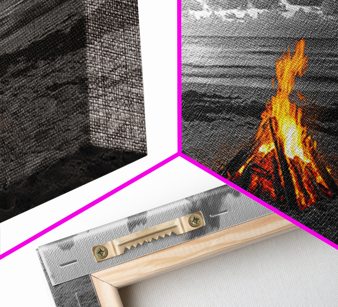 Campfire on Beach Framed Canvas Print | Seascape Painting | Coastal Wall Art | Moody Art | Rustic Decor | Extra Wide Art | Nautical Painting