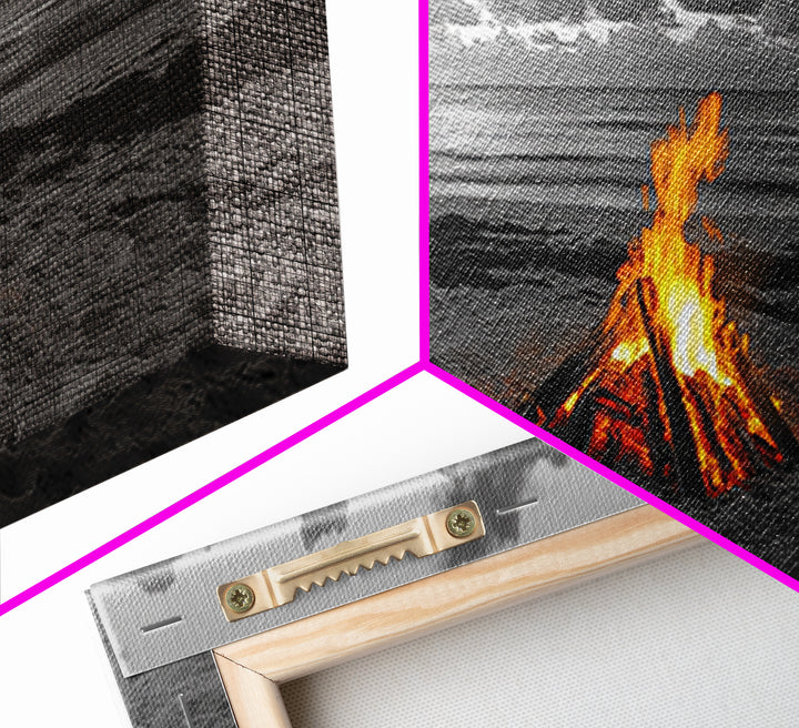 Campfire on Beach Framed Canvas Print | Seascape Painting | Coastal Wall Art | Moody Art | Rustic Decor | Extra Wide Art | Nautical Painting