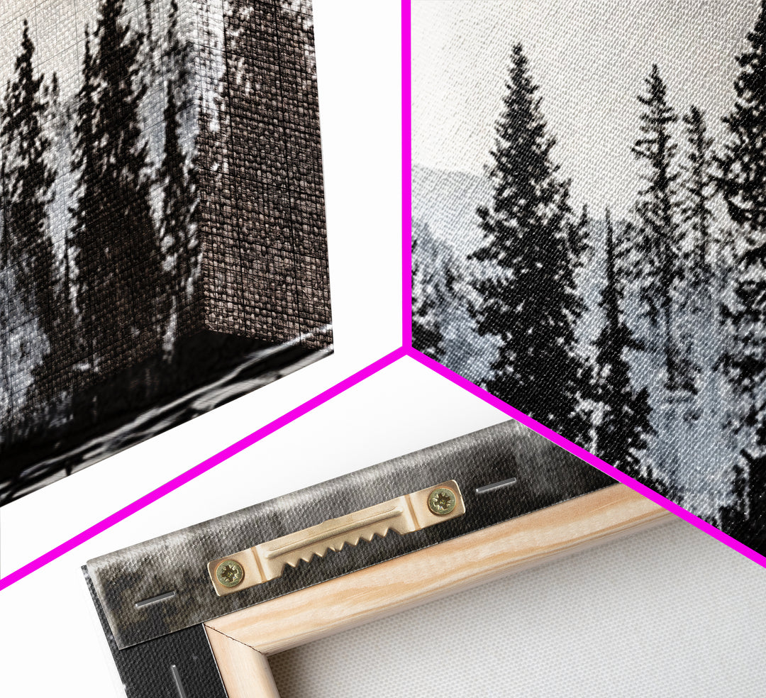 Pine Tree Forest, Moody Landscape Painting, Black and White Wall Art, Nature Wall Art, Extra Wide Art, Framed Canvas Print, Rustic Decor