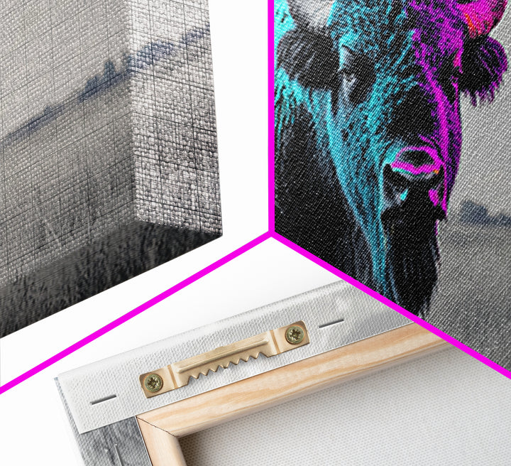 Neon Buffalo Portrait Canvas Print | Western Wall Art | Afrocentric Art | Moody Art | Rustic Decor | Southwest Art | Extra Wide Art.