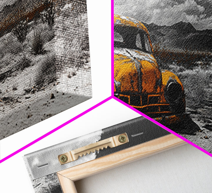Abandoned Car in Desert Framed Canvas Print | Custom Car Painting | Moody Art | Southwest Wall Art | Wabi Sabi Art | Extra Wide Art