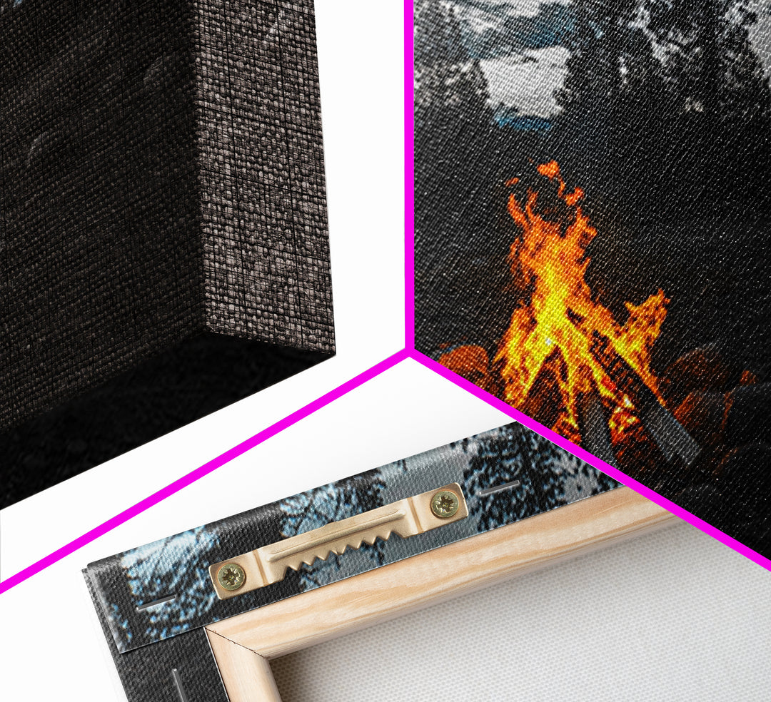 Campfire Under Pine Trees Canvas Print | Forest at Dusk Painting | Rustic Wall Art | Moody Landscape Art | Above Sofa Art | Extra Wide Art