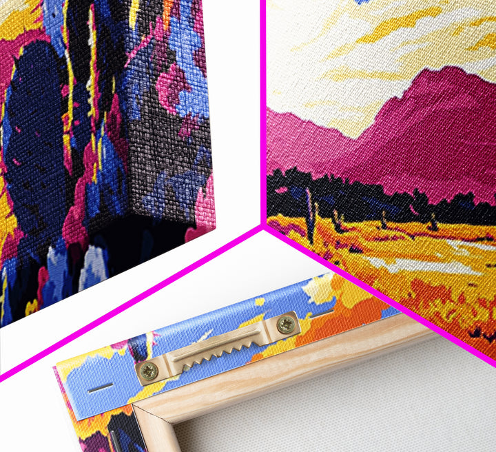 Desert Cactus, southwest wall art, mountain painting, rustic decor, landscape painting, panoramic art, Framed Canvas Print, extra wide art