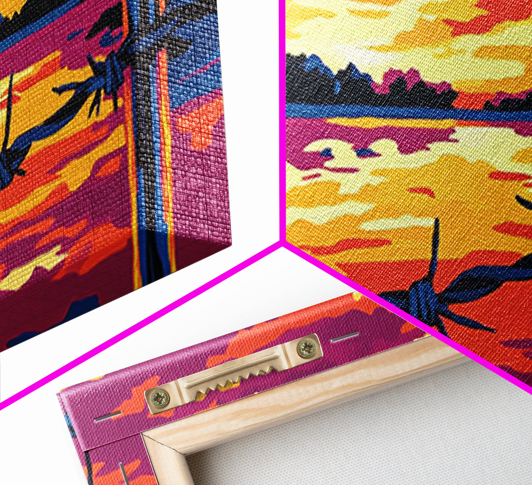 Barbed wire, rustic fence, cowboy art, sunset glow, farmhouse wall art, panoramic painting, western landscape, framed canvas print