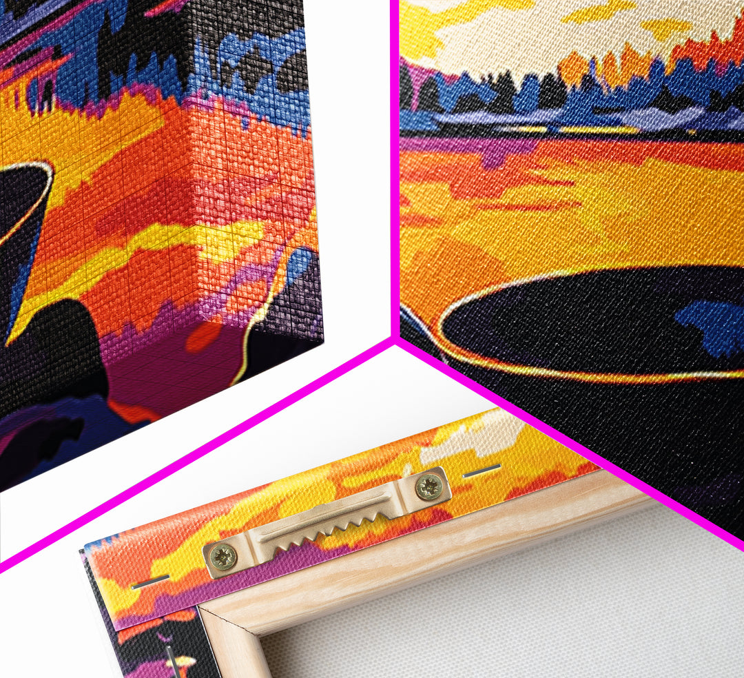 Cast iron pan, outdoor cooking, cowboy camping, rustic kitchen decor, lakeside sunset, nostalgic western art, framed canvas print