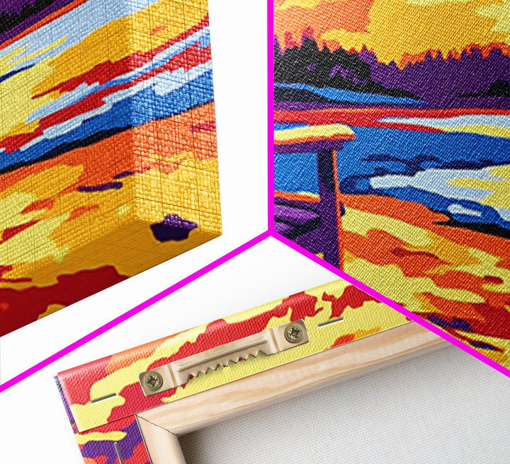 Adirondack chair, lake view, relaxing sunset, cabin art, rustic landscape, extra wide art, nature lover decor, canvas print