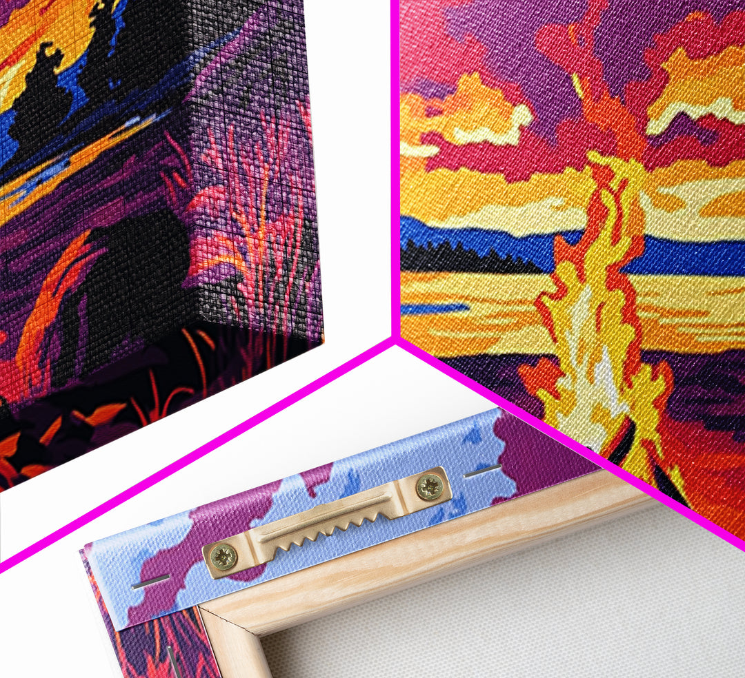 Bonfire, lakeside evening, autumn wall art, warm sunset painting, outdoor adventure art, extra wide art, framed canvas print