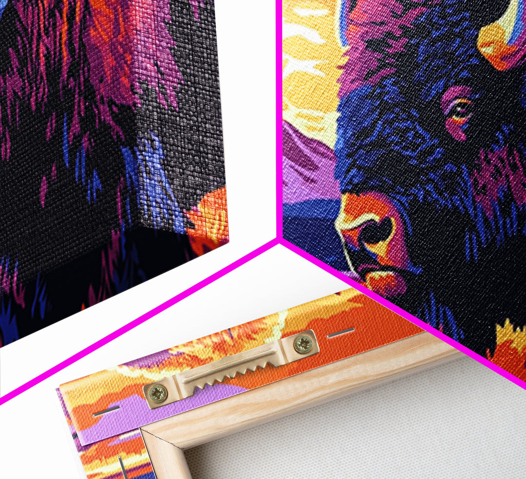 Bison, mountain scenery, rustic wildlife decor, western art, nature lover gift idea, farmhouse wall art, framed canvas print