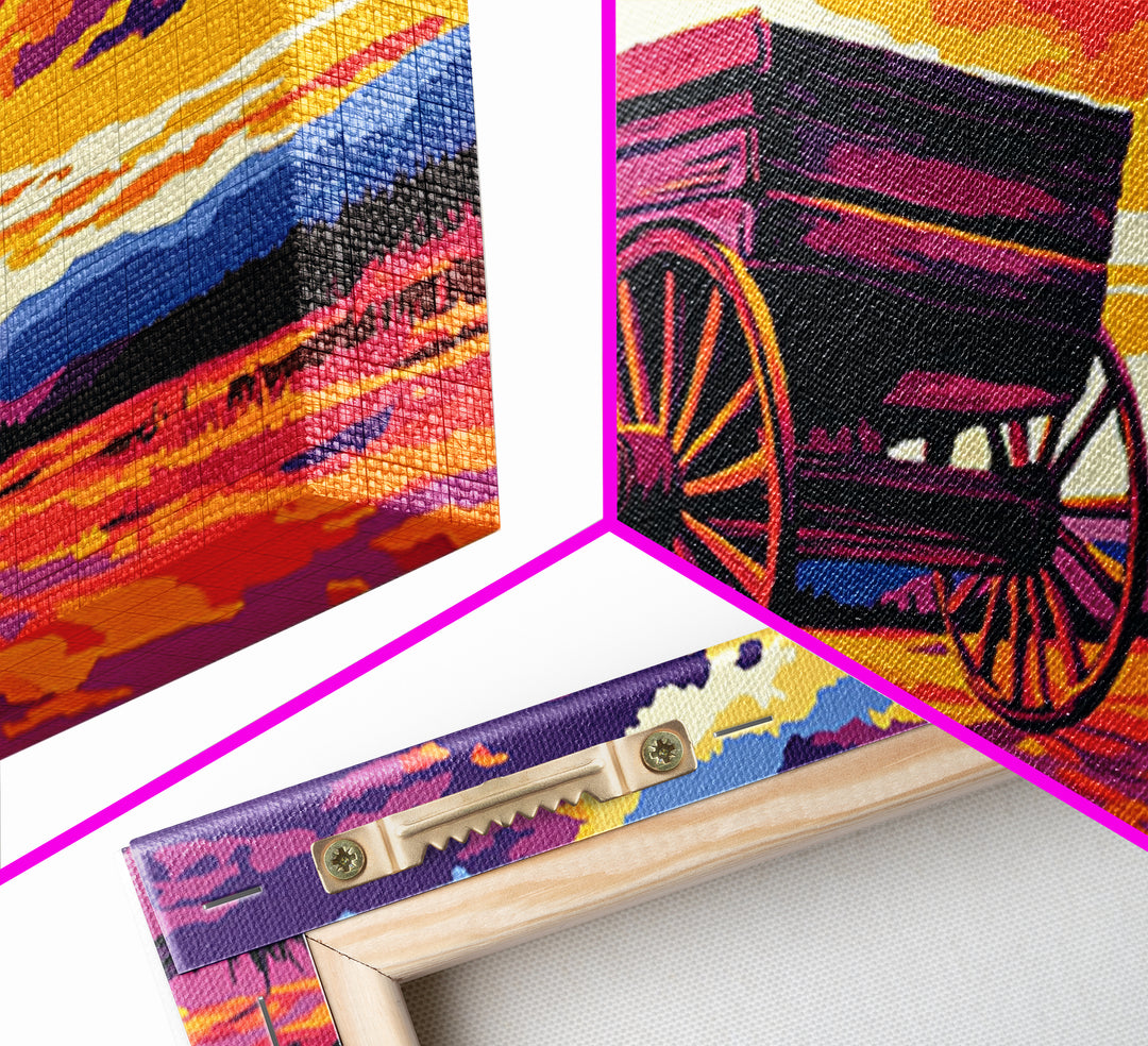 Covered wagon, prairie landscape, rustic western art, historical painting, farmhouse decor, extra wide art, framed canvas print