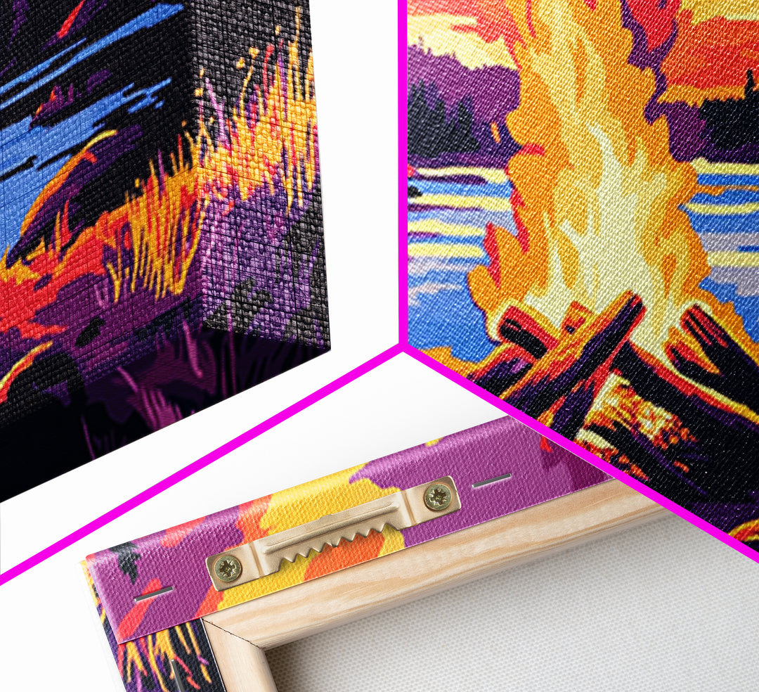 Campfire, lake sunset, rustic art, outdoor decor, cozy cabin wall art, smoky mountain art, framed canvas print, horizontal wall art