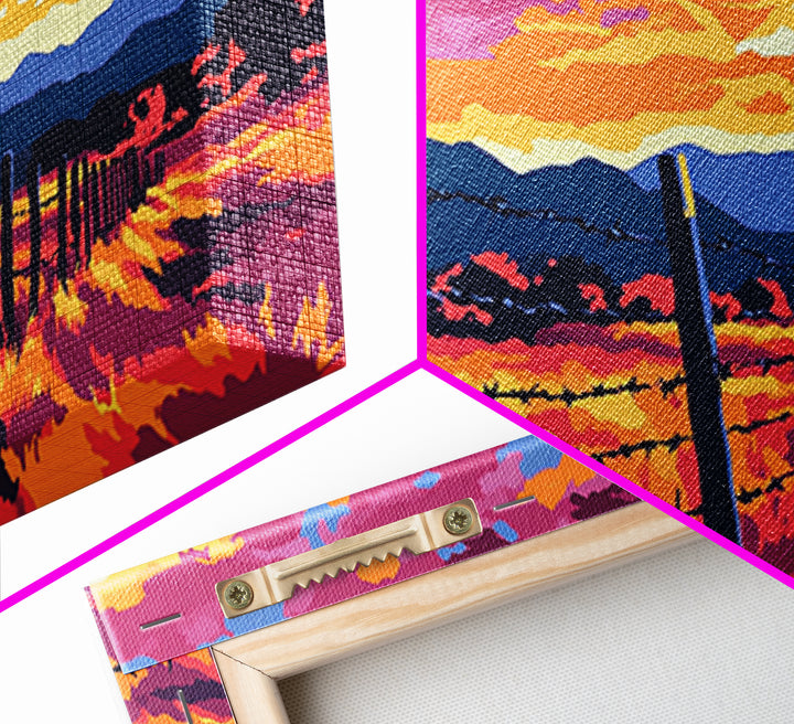 Barbed Fence, rustic art, country painting, extra wide art, farmhouse wall art, landscape painting, horizontal wall art, Framed Canvas Print