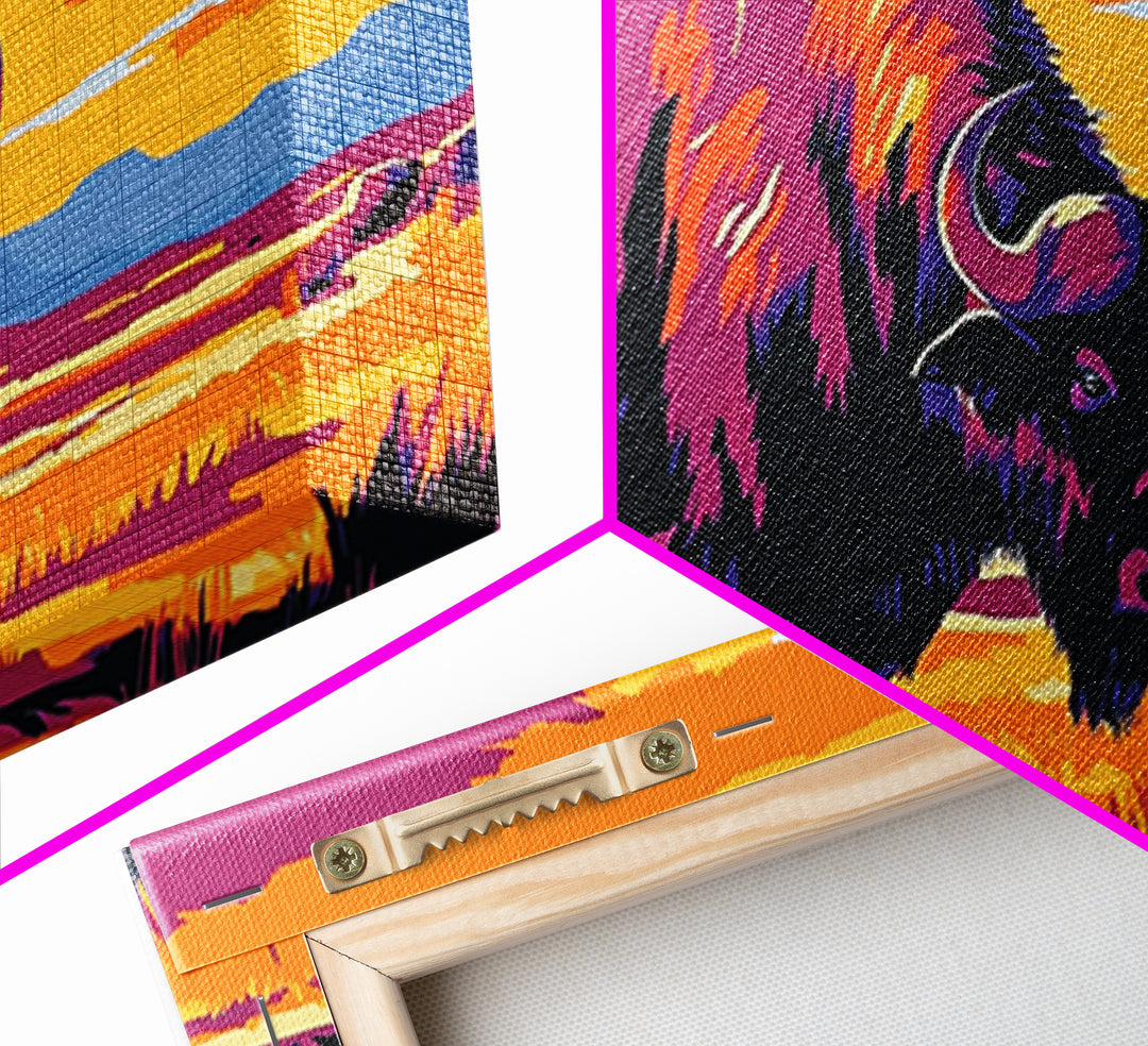 Bison Prairie, rustic art, southwest wall art, landscape painting, extra wide art, panoramic painting, farmhouse art, Framed Canvas Print