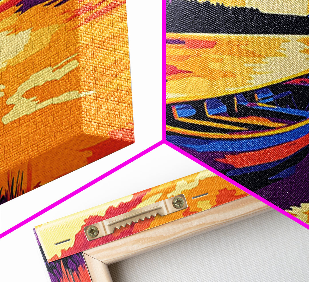 Boat on the Shore, nautical painting, seascape painting, rustic decor, above couch art, panoramic painting, extra wide art, canvas print