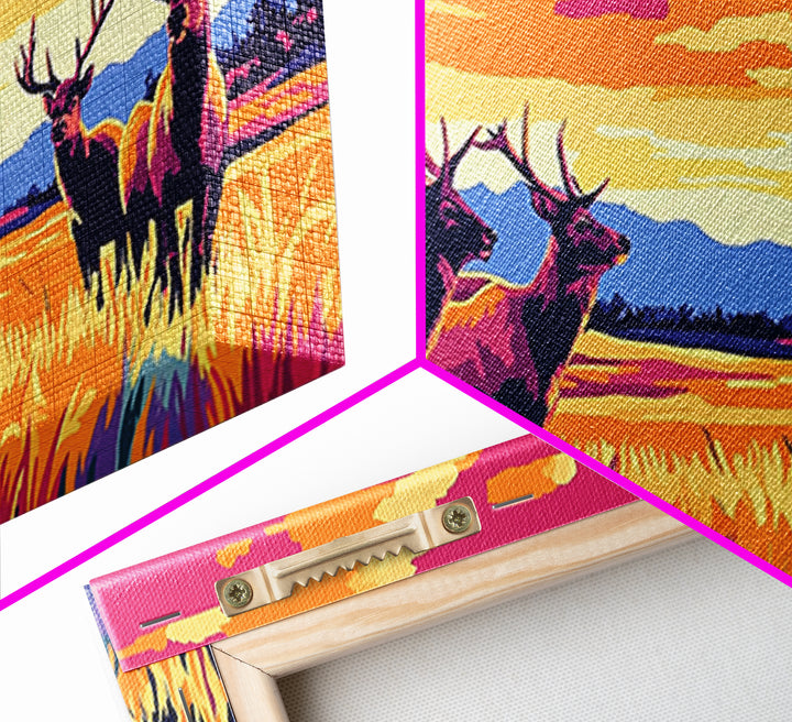 Autumn Elk, wildlife painting, deer drinking water in forest painting, rustic decor, farmhouse art, landscape painting, framed canvas print