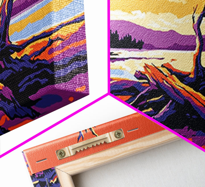 Driftwood Beach Scene, coastal landscape art, nautical painting, rustic wall art, ocean sunset art, panoramic art, framed canvas print