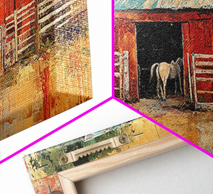 Rustic Barn Scene, barn landscape oil painting, western wall art, farmhouse decor, rural life painting, extra wide art, framed canvas print, wabi sabi art