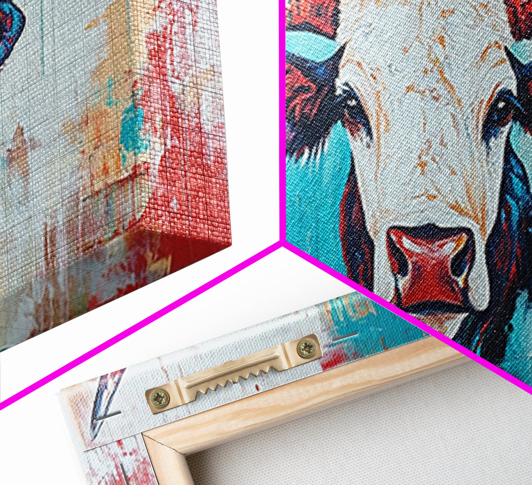 Colorful Longhorn Art, rustic wall art, farmhouse art, southwest wall art, bold animal painting, extra wide art, canvas print, wabi sabi art