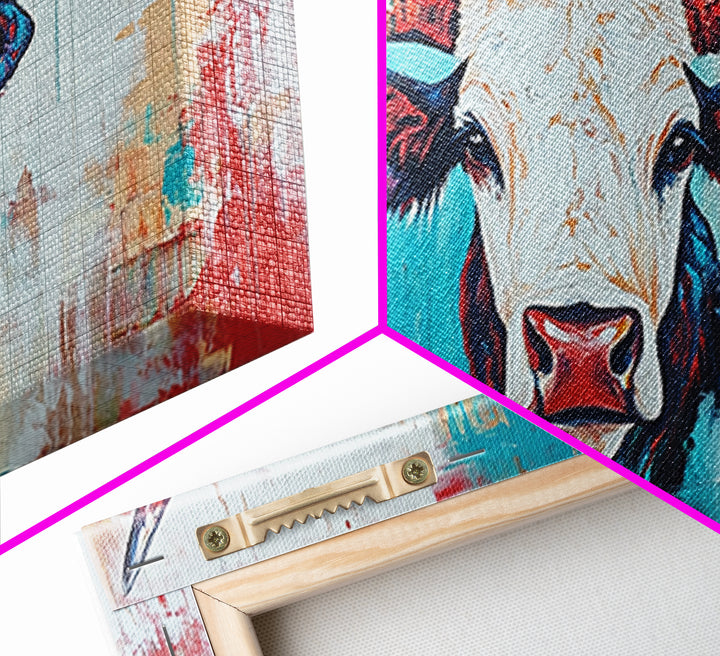 Colorful Longhorn Art, rustic wall art, farmhouse art, southwest wall art, bold animal painting, extra wide art, canvas print, wabi sabi art