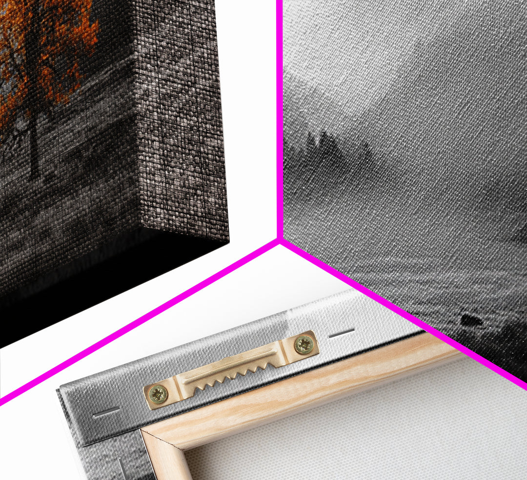 Autumn Tree in Fog, smoky mountain art, pine tree art, wabi sabi art, forest at dusk painting, fall wall art, rustic decor, Framed Canvas Print