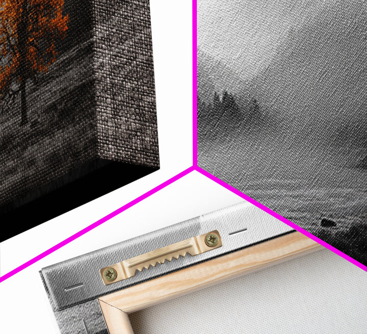 Autumn Tree in Fog, smoky mountain art, pine tree art, wabi sabi art, forest at dusk painting, fall wall art, rustic decor, Framed Canvas Print