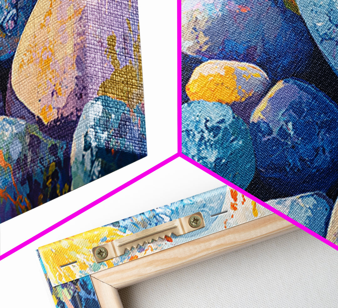 River Rocks, Whimsical Art, Mosaic Wall Art, Boho Art, Teal Wall Art, Nature Inspired Art, Abstract Landscape, Canvas Print, Gift Idea Her