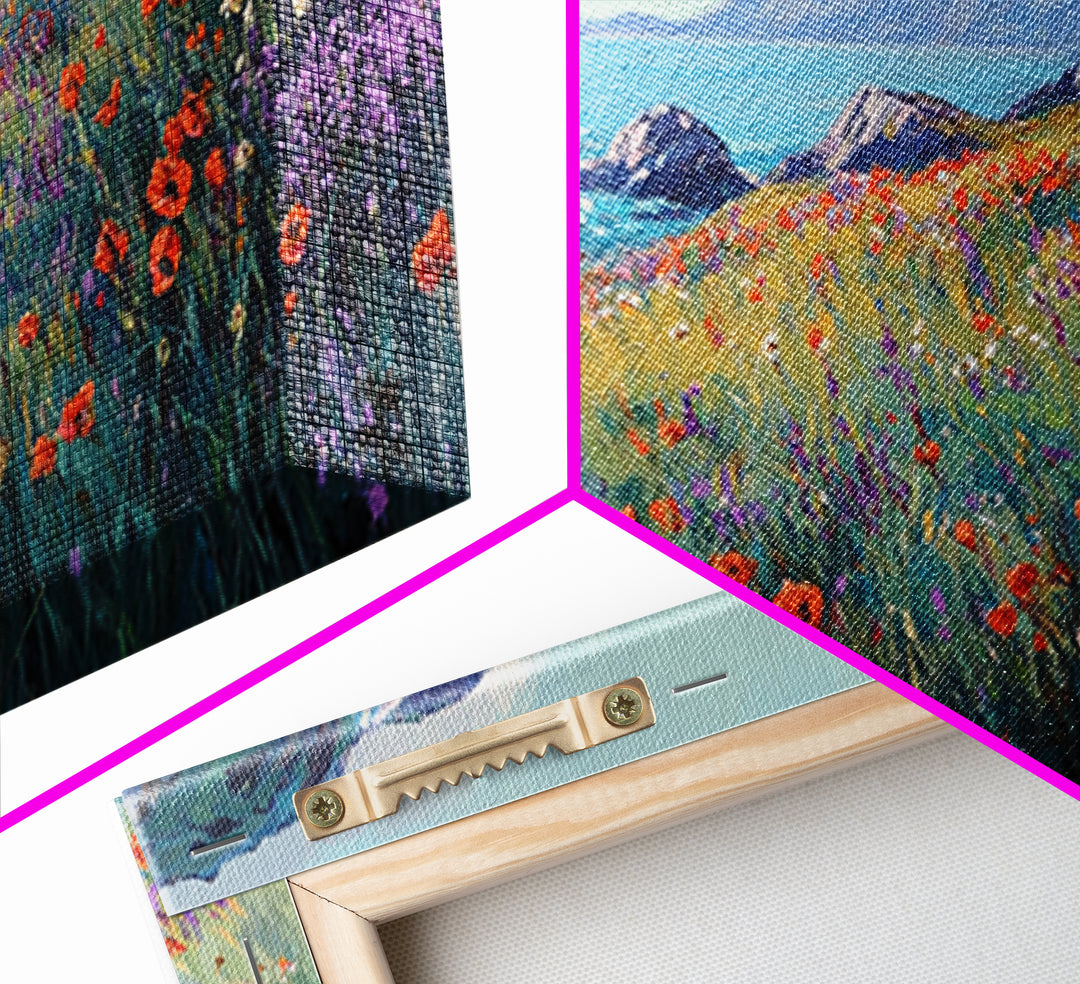 Coastal Wildflower Art, Framed Canvas Print, Poppy Wall Art, Coastal Landscape Art, Seascape Painting, Extra Wide Art, Above Couch Art