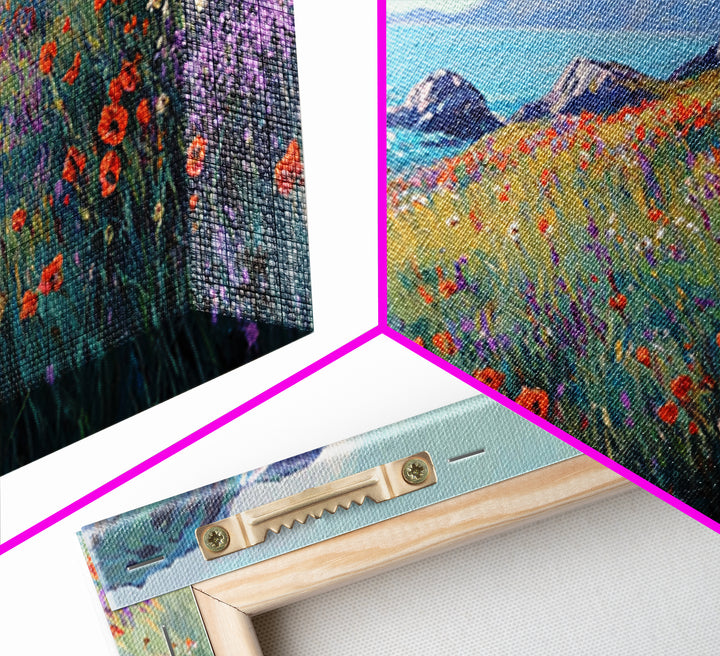 Coastal Wildflower Art, Framed Canvas Print, Poppy Wall Art, Coastal Landscape Art, Seascape Painting, Extra Wide Art, Above Couch Art