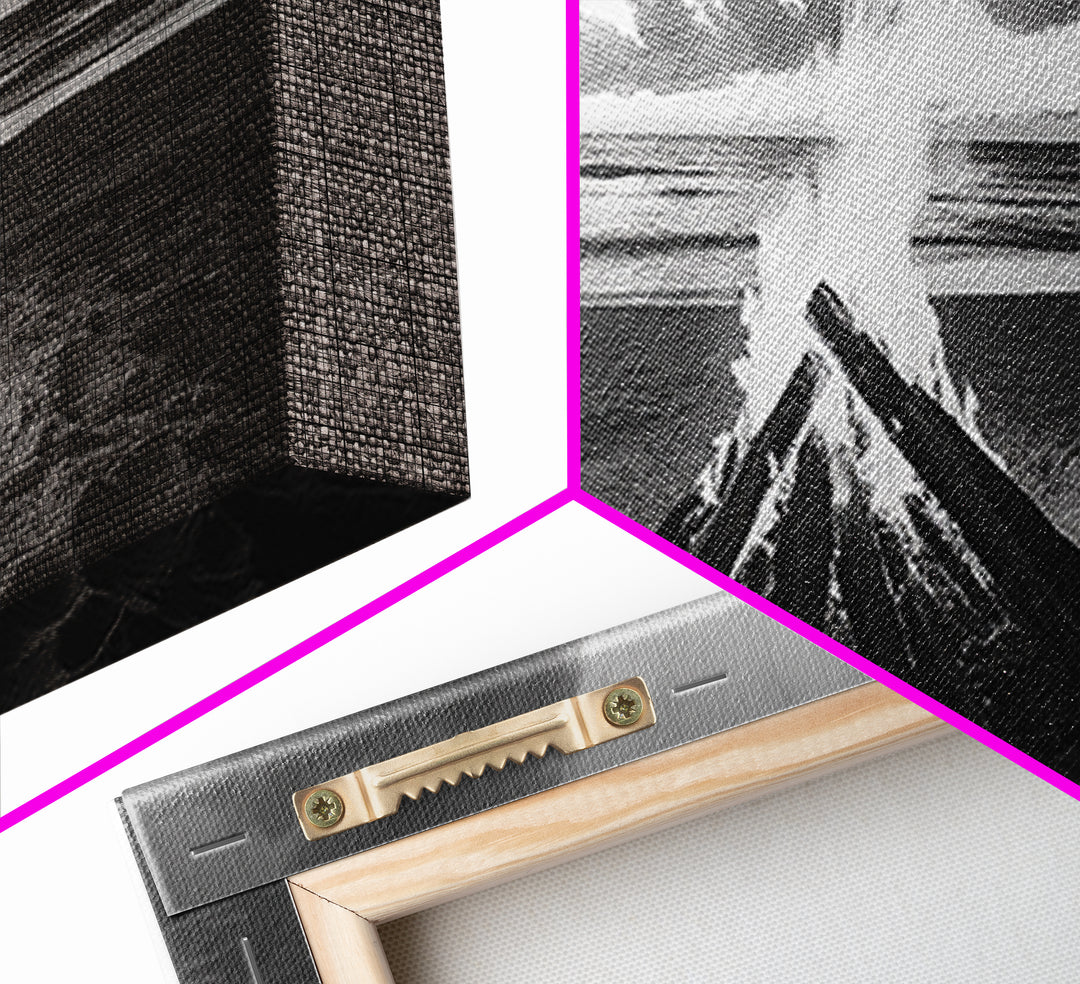 Bonfire On Beach, Coastal Wall Art, Moody Art, Extra Wide Art, Sunset Wall Art, Panoramic Art, Rustic Wall Art, Framed Canvas Print