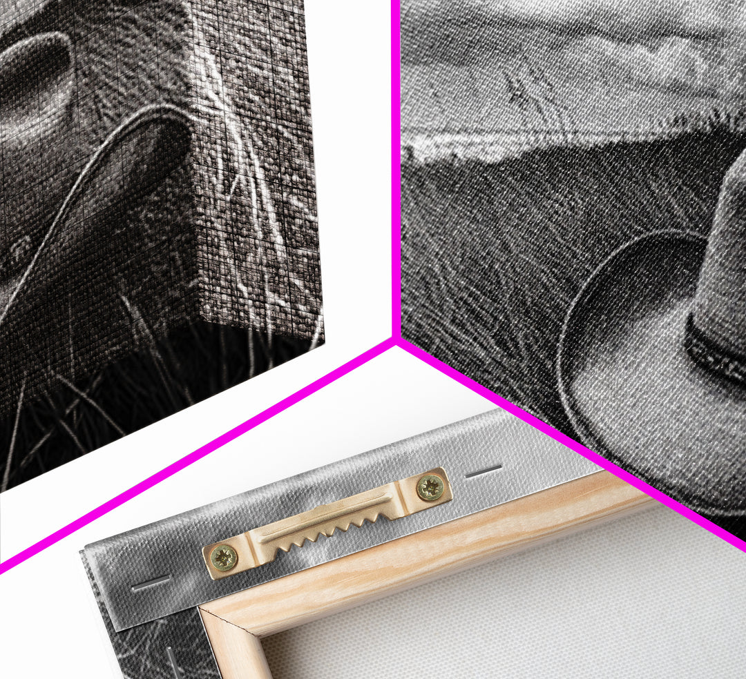 Cowboy Hat, rustic decor, wabi sabi art, western painting, southwest wall art, boho art, moody photography, Framed Canvas Print