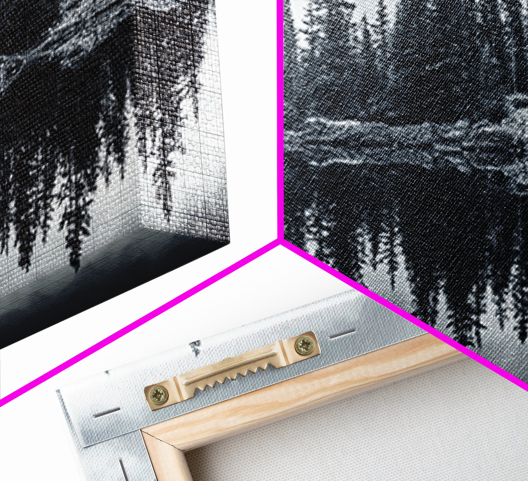 Pine tree reflection, moody art, mountain painting, pine tree art, rustic decor, panoramic art, extra wide art, framed canvas print