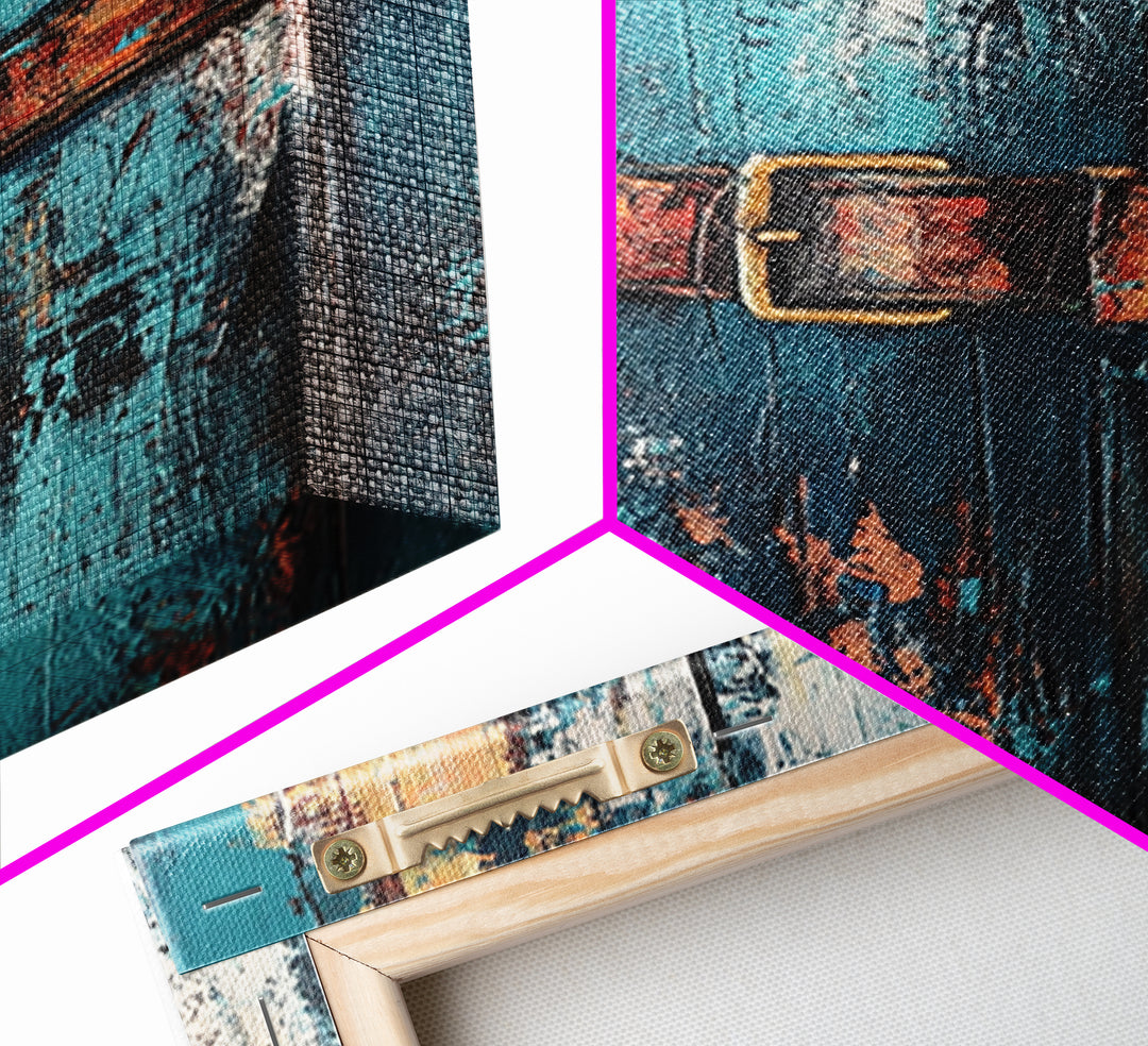 Rustic blue door, worn leather belt, southwest wall art, farmhouse art, textured painting, wabi sabi art, framed canvas print, rustic decor