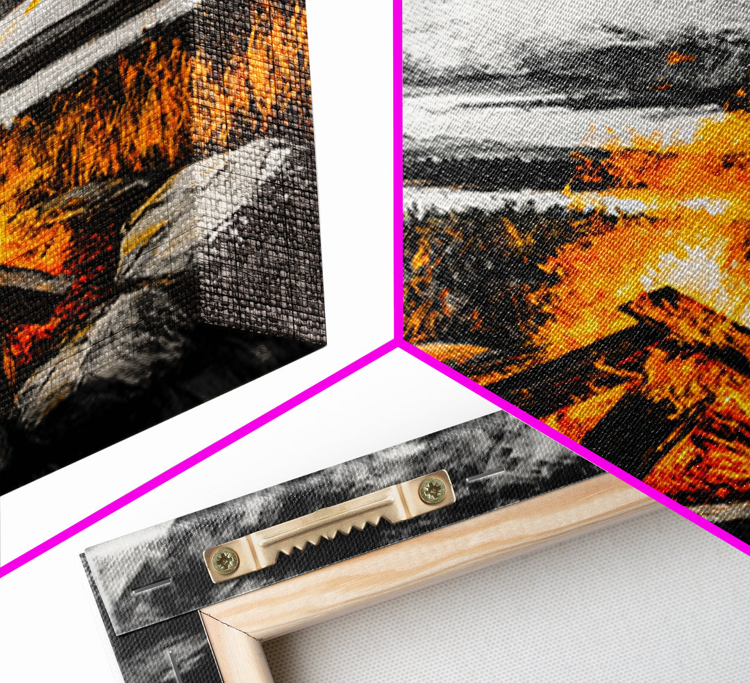 Campfire Painting, Moody Art, Rustic Wall Decor, Fire Pit Artwork, Black White Orange Art, Framed Canvas Print, Cabin Wall Art