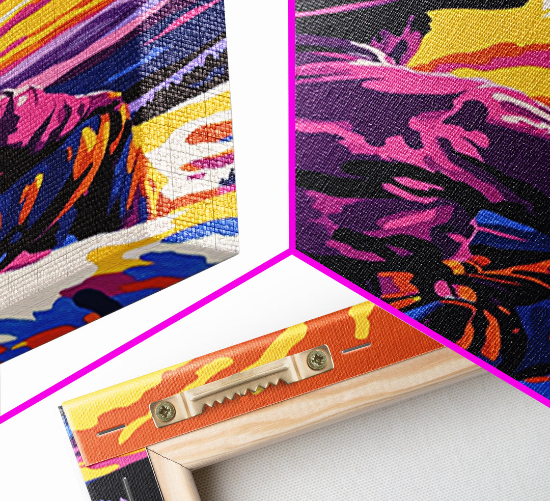 Cowboy at Sunset, western decor, southwest wall art, pink orange wall art, gift idea for him, moody art, panoramic art, Canvas Print