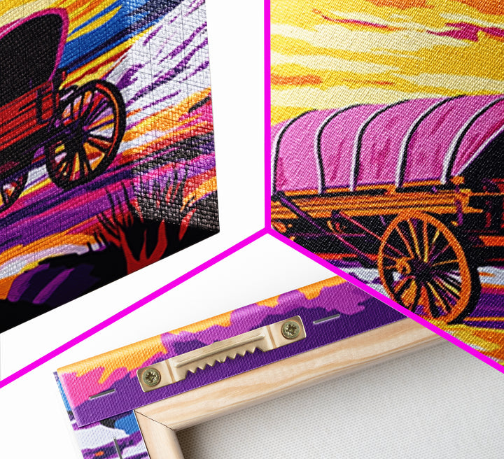 Colorful Wagon, pink orange wall art, landscape painting, southwest wall art, farmhouse art, boho art, framed canvas print, above bed art