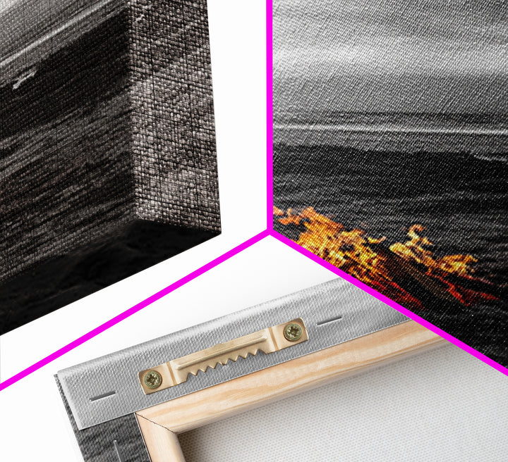 Beach bonfire, coastal art, ocean sunset, framed canvas print, nautical decor, seascape painting, cozy fire, moody beach art, fall vibes