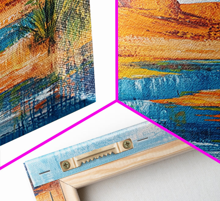 Desert Oasis, vivid landscape, blue water, rustic nature art, warm tones, panoramic painting, framed canvas print, southwest wall art