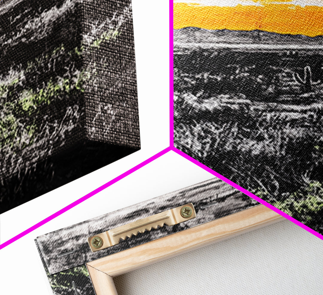 Cactus Sunset, black and white, moody desert art, yellow skyline, Joshua tree art, framed canvas print, extra wide art, rustic decor