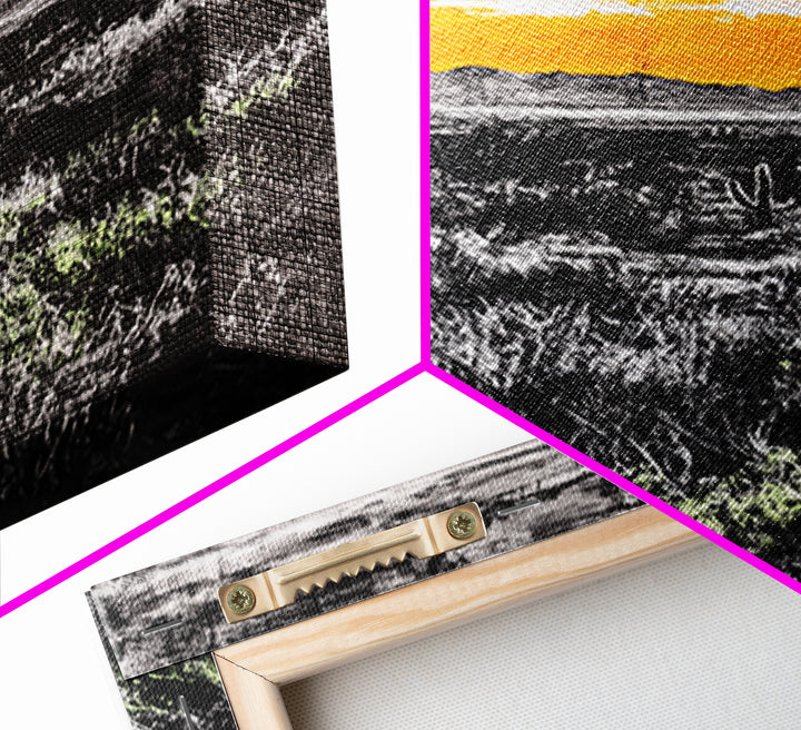 Cactus Sunset, black and white, moody desert art, yellow skyline, Joshua tree art, framed canvas print, extra wide art, rustic decor