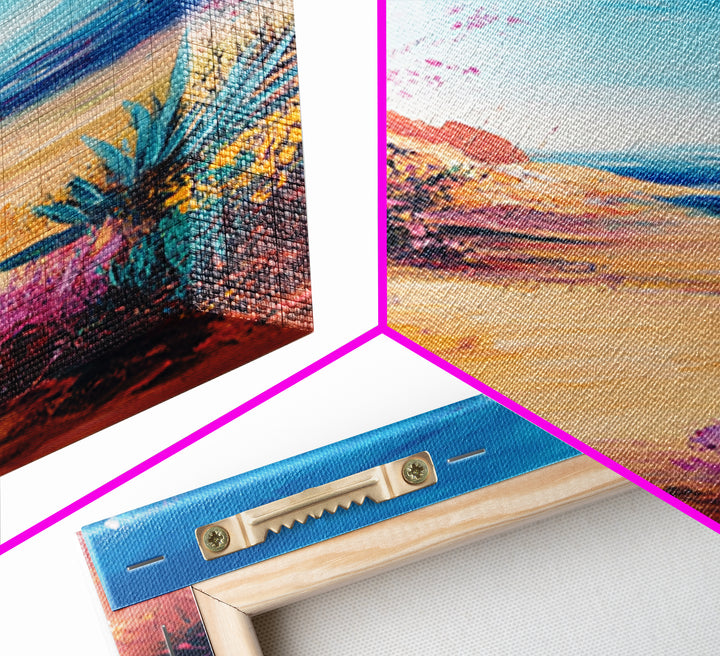 Beach Cactus, coastal landscape, vibrant colors, blue sky, desert meets sea, framed canvas print, coastal cowgirl wall art, boho art