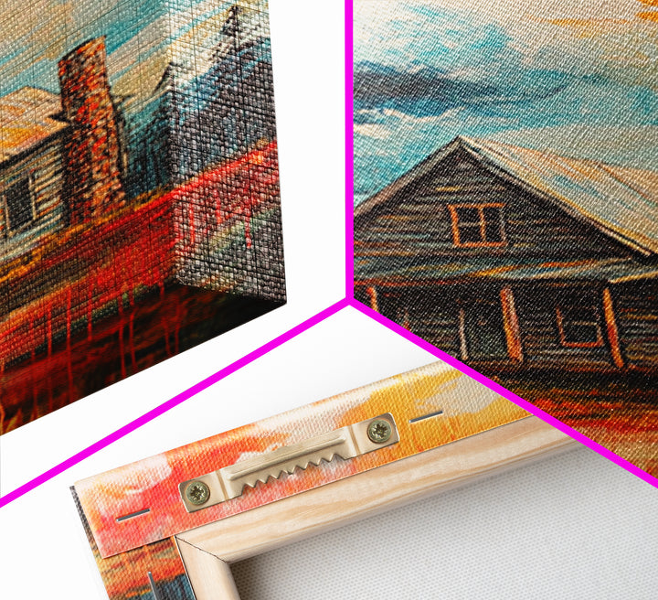 Cabin Painting, Autumn Landscape, Framed Canvas Print, rustic decor, mountain painting, landscape painting, smoky mountain art, extra wide art